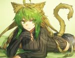  animal_ears archer_of_red ass blonde_hair breasts cat_ears cat_tail denim denim_shorts fate/apocrypha fate_(series) green_eyes green_hair lying melon22 multicolored_hair on_stomach shorts sleeves_past_wrists sweater tail two-tone_hair 