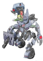  artist_request blonde_hair blue_eyes camouflage looking_at_viewer mecha mortar_(weapon) open_cockpit original pilot reverse_jointed_legs robot short_hair tagme weapon wheels 