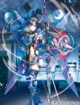  1girl aiming arrow black_gloves black_hair blurry blurry_background bow_(weapon) city closed_mouth clouds cloudy_sky crescent_moon feet_out_of_frame gloves holding holding_bow_(weapon) holding_weapon looking_afar luck_&amp;_logic mecha_musume moon night night_sky official_art ogino_atsuki red_eyes rooftop serious sky solo standing thigh-highs thighhighs_under_boots watermark weapon 
