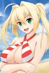  1girl beach bikini blonde_hair blush breasts cleavage crossed_arms fate/extra fate/grand_order fate_(series) fuuma_nagi green_eyes hair_intakes large_breasts long_hair looking_at_viewer nero_claudius_(swimsuit_caster)_(fate) open_mouth saber_extra smile solo striped striped_bikini swimsuit twintails upper_body upper_teeth 
