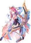  1girl absurdly_long_hair bow_(weapon) broken broken_weapon covering covering_breasts full_body hair_ornament hair_over_one_eye holding holding_bow_(weapon) holding_weapon jurakudai_(oshiro_project) long_hair official_art oshiro_project oshiro_project_re pink_hair red_eyes sho_(runatic_moon) thigh-highs torn_clothes transparent_background very_long_hair weapon white_legwear 
