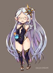  bangs bare_shoulders black_background black_gloves blush breasts closed_eyes drink elbow_gloves flying_sweatdrops full_body glasses gloves granblue_fantasy groin hair_ornament harbin holding_glass long_hair parted_bangs parted_lips pointy_ears sandals sketch small_breasts smile standing sweatdrop thigh-highs tomonao v_arms very_long_hair zahlhamelina 