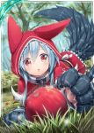  1girl :o akkijin animal_ears apple blue_hair card_(medium) cuffs day food fruit grass hood long_hair looking_at_viewer outdoors paws red_eyes red_hood shackles shinkai_no_valkyrie solo squall_(shinkai_no_valkyrie) sunlight tail tree wolf_ears wolf_tail 