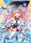  1girl akkijin blue_eyes bodysuit boots card_(medium) flying gauntlets gloves island looking_at_viewer mecha mecha_musume night night_sky orbit pink_hair shinkai_no_valkyrie sky smile solo thigh-highs white_gloves 