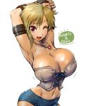 1girl amania_orz armband armpits arms_up blonde_hair breasts cleavage dated helvi_oberg hips jewelry knight&#039;s_and_magic large_breasts necklace one_eye_closed raised_eyebrow short_hair short_shorts shorts simple_background smile solo thighs twitter_username white_background 