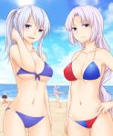  4girls animal_ears ass beach bikini blue_sky breasts brown_hair character_request cleavage commentary_request front-tie_top gluteal_fold inaba_tewi lavender_hair long_hair looking_at_viewer miyo_(ranthath) multiple_girls navel nude ocean outdoors rabbit_ears reisen_udongein_inaba sand silver_hair sky smile swimsuit touhou water yagokoro_eirin 