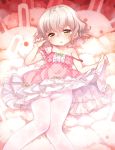  1girl arm_garter blush bow brown_eyes checkered checkered_dress commentary_request crotch_seam dress kito_(sorahate) knees_together_feet_apart looking_at_viewer lying on_back open_mouth original pantyhose pink_dress short_hair silver_hair solo strap_slip sweat white_legwear 