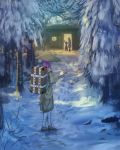  3girls backpack bag from_behind hat house long_hair looking_at_another multiple_girls purple_hair reisen_udongein_inaba rock roke_(taikodon) snow touhou tree waving 