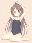  1girl ahoge armpits arms_up barefoot blush brown_eyes brown_hair hands_on_own_head long_hair meito_(maze) one-piece_swimsuit original school_swimsuit sitting smile solo swimsuit 