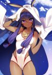  1girl blush breasts competition_swimsuit dark_skin day facial_mark fate/grand_order fate_(series) gambe_(seelunto) highres long_hair looking_at_viewer nitocris_(fate/grand_order) nitocris_(swimsuit_assassin)_(fate) one-piece_swimsuit purple_hair smile solo swimsuit veil violet_eyes 
