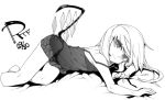  1girl babydoll bangs bed_sheet blush closed_mouth eyebrows_visible_through_hair flandre_scarlet greyscale looking_at_viewer lying monochrome no_hat no_headwear on_side panties shamo_(koumakantv) sheer_clothes simple_background smile solo strap_slip touhou underwear white_background 