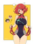  1boy 1girl bangs black_swimsuit breasts chest_jewel competition_swimsuit covered_collarbone headpiece highres large_breasts mochimochi_(xseynao) one-piece_swimsuit pyra_(pro_swimmer)_(xenoblade) pyra_(xenoblade) red_eyes red_swimsuit redhead rex_(xenoblade) ribbed_swimsuit short_hair swept_bangs swimsuit tiara two-tone_swimsuit xenoblade_chronicles_(series) xenoblade_chronicles_2 