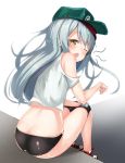  1girl 2drr absurdres ass blush eyebrows_visible_through_hair g11_(girls_frontline) girls_frontline green_hat hat highres looking_at_viewer one_eye_closed parted_lips silver_hair sitting solo yellow_eyes 