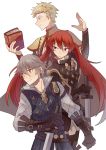  1girl 2boys arm_guards belt blonde_hair blue_eyes book cloak ear_piercing fire_emblem fire_emblem_if gloves grey_eyes grey_hair hair_between_eyes headband kmkr lazward_(fire_emblem_if) long_hair luna_(fire_emblem_if) multiple_boys odin_(fire_emblem_if) piercing profile red_eyes redhead shirt smile sword twintails upper_body vest weapon white_background 