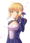  1girl absurdres ahoge arm_up artoria_pendragon_(all) blonde_hair blue_ribbon blush breasts cleavage closed_mouth eyebrows_visible_through_hair fate/grand_order fate_(series) green_eyes hair_ribbon hand_on_own_cheek highres looking_at_viewer medium_breasts miuka ribbon saber short_hair smile solo upper_body 