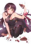 1girl black_hair black_legwear blush bow breasts cherry cleavage closed_mouth eyebrows_visible_through_hair food fruit girls_frontline kneeling large_breasts long_hair looking_at_viewer ozzingo pantyhose pie red_bow red_eyes red_ribbon ribbon solo wa2000_(girls_frontline) 