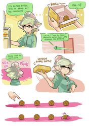  +_+ 1girl aori_(splatoon) casual chocolate closed_mouth comic domino_mask earrings english food green_jacket grey_hair hand_on_hip holding hood hoodie hotaru_(splatoon) jacket jersey jewelry long_sleeves mask mole mole_under_eye paint_splatter pointy_ears refrigerator salmon_run short_hair splatoon splatoon_2 squid standing tentacle_hair wong_ying_chee 