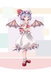  1girl blush closed_mouth eyebrows_visible_through_hair full_body hangyaku_no_kusaichigo hat highres lavender_hair looking_at_viewer mob_cap red_eyes remilia_scarlet short_hair smile solo touhou wings 