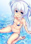  1girl :d baikamo_(flower_knight_girl) bikini blue_bikini blue_eyes blush breasts collarbone flower_knight_girl full_body keikotsu long_hair looking_at_viewer open_mouth partially_submerged side-tie_bikini silver_hair sitting small_breasts smile solo swimsuit two_side_up wariza water 