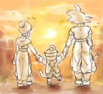  1girl 2boys back_turned bag bird boots chi-chi_(dragon_ball) child chinese_clothes clouds couple dougi dragon_ball dragon_ball_(object) dragonball_z family father_and_son food fruit greyscale hand_holding hat monochrome mother_and_son multiple_boys orange short_hair sky son_gohan son_gokuu sunlight sunset tail tied_hair tkgsize vegetable walking 