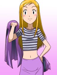  1girl blonde_hair blush breasts digimon digimon_frontier hat hat_removed headwear_removed kakkii long_hair navel orimoto_izumi shirt skirt small_breasts smile solo striped striped_shirt 