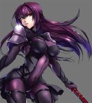  1girl armor bodysuit breasts covered_navel fate/grand_order fate_(series) gae_bolg hair_intakes holding holding_weapon kaneaki_mukku large_breasts long_hair pauldrons polearm purple_bodysuit purple_hair red_eyes scathach_(fate/grand_order) shoulder_armor solo spear weapon 