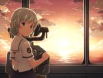  1girl backlighting bangs clouds emblem eyebrows_visible_through_hair from_behind high_school_fleet highres horizon looking_at_viewer looking_back mashita_(candy_apricot) ocean red_sky school_uniform serafuku short_hair short_sleeves silver_hair skirt sky smile solo sunset tateishi_shima violet_eyes 