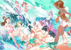  amanda_o&#039;neill barbara_parker beach bikini brown_hair closed_eyes constanze_amalie_von_braunschbank-albrechtsberger diana_cavendish hair_over_one_eye half-closed_eyes hat highres kagari_atsuko little_witch_academia long_hair lotte_jansson low_ponytail multiple_girls navel pale_skin red_eyes smile sucy_manbavaran swimsuit wand water witch witch_hat 