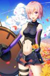  1girl bare_shoulders blush breasts eyebrows_visible_through_hair eyes_visible_through_hair fate/grand_order fate_(series) flower hair_over_one_eye highres holding holding_flower holding_shield ji_dao_ji looking_at_viewer medium_breasts navel open_mouth pink_hair shield shielder_(fate/grand_order) short_hair smile solo teeth violet_eyes 