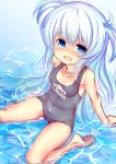  1girl :d baikamo_(flower_knight_girl) blue_eyes blue_swimsuit blush breasts collarbone flower_knight_girl full_body keikotsu long_hair looking_at_viewer name_tag open_mouth partially_submerged school_swimsuit silver_hair sitting small_breasts smile solo swimsuit two_side_up wariza water 