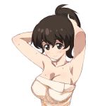  1girl a1 armpits arms_up blush breasts brown_hair closed_mouth collarbone eyebrows_visible_through_hair girls_und_panzer hair_between_eyes hand_behind_head hand_in_hair highres koyama_yuzu large_breasts naked_towel ponytail sketch smile solo towel upper_body wet white_background 