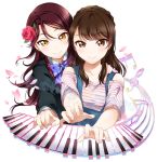  2girls aida_rikako arm_around_shoulder artist_name bangs bow bowtie brown_eyes brown_hair flower hair_flower hair_ornament hand_on_another&#039;s_shoulder instrument long_sleeves love_live! love_live!_sunshine!! multiple_girls music musical_note overalls petals piano_keys playing_instrument playing_piano purple_bow purple_bowtie redhead rose sakurauchi_riko seiyuu_connection shirt smile striped striped_shirt surfing_orange upper_body watermark yellow_eyes 