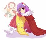  1girl blush calligraphy_brush cape commentary_request floral_print flower hair_flower hair_ornament hieda_no_akyuu holding holding_brush japanese_clothes kimono knees_up leg_hug looking_at_viewer paintbrush pleated_skirt purple_hair shadow short_hair sitting skirt smile solo touhou utakata_(azaka00) white_background white_legwear wide_sleeves 