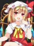  1girl bangs blonde_hair blush bow chair collared_shirt commentary_request eyebrows_visible_through_hair flandre_scarlet hair_between_eyes hand_up hat hat_bow highres karasusou_nano looking_at_viewer mob_cap open_mouth red_bow red_eyes shirt short_sleeves side_ponytail sitting solo touhou white_hat white_shirt 
