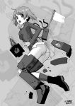  1girl ass commentary_request damaged flag full_body girls_und_panzer greyscale looking_at_viewer looking_back mecha_musume miniskirt monochrome nishizumi_miho open_mouth panties pantyshot sano_toshihide short_hair skirt solo sweatdrop thighs underwear zoom_layer 