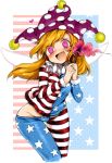  1girl american_flag_dress bangs blonde_hair clownpiece cropped_legs dress fairy_wings fang fire fur_trim harusame_(unmei_no_ikasumi) hat head_tilt heart holding jester_cap leaning_forward long_hair long_sleeves looking_at_viewer microdress neck_ruff no_panties pantyhose pantyhose_pull pink_hair polka_dot ringed_eyes smile solo star star_print striped thigh_gap torch touhou wings 