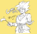  1boy ;) cattail dougi dragon_ball dragonball_z grin looking_at_viewer male_focus monochrome one_eye_closed outstretched_arms plant short_hair simple_background smile solo_focus son_gokuu spiky_hair star super_saiyan text tkgsize translation_request wristband yellow_background 