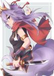  1girl animal_ears armlet breasts cowboy_shot fox_ears fox_tail from_side holding holding_sword holding_weapon horns kuon_(shinrabanshou) kyuubi looking_at_viewer looking_to_the_side multiple_tails parted_lips pelvic_curtain profile purple_hair red_eyes red_scarf sasa_onigiri scabbard scarf sheath shinrabanshou sleeveless small_breasts solo sword tail weapon 