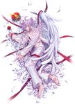  1boy ahoge angel apple barefoot black_nails crown_removed flower food fruit full_body lying male_focus nail_polish navel nipples on_side original pants purple_hair red_ribbon ribbon rrose side_glance violet_eyes white_feathers white_pants white_wings wings 