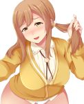  10s 1girl :d ako_suke alternate_hairstyle blush bolo_tie breasts brown_hair cardigan collared_shirt eyebrows_visible_through_hair hair_between_eyes hair_bobbles hair_ornament highres holding holding_hair kunikida_hanamaru large_breasts leaning_forward long_hair long_sleeves looking_away love_live! love_live!_sunshine!! nose_blush open_mouth paw_print shirt simple_background smile solo twintails white_background white_shirt wide_hips wing_collar 