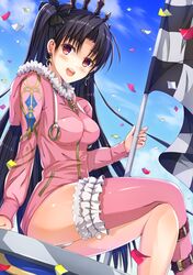  1girl ass black_hair blush checkered checkered_flag earrings eyebrows_visible_through_hair fate/grand_order fate_(series) flag highres holding_flag hoshimaemi ishtar_(fate/grand_order) jewelry legs_crossed long_hair looking_at_viewer open_mouth panties pink_legwear red_eyes sitting smile solo thigh-highs tohsaka_rin underwear white_panties 