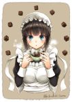  1girl black_hair blue_eyes blush breasts brown_background chocolate cup holding holding_cup kikuzuki_tarou looking_at_viewer maid maid_cap medium_breasts meiji_(brand) open_mouth original solo steam twitter_username upper_body valentine 