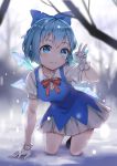  1girl absurdres blue_bow blue_eyes blue_hair blush bow breasts cirno closed_mouth collarbone eyebrows_visible_through_hair gloves hair_bow highres ice ice_wings kneeling large_breasts looking_at_viewer mi_shi_de_yun short_hair smile snow snowing solo touhou v white_gloves wings 
