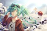  1girl apple blue_eyes blue_hair blush closed_mouth collarbone earrings eyebrows_visible_through_hair food fruit hatsune_miku jewelry long_hair looking_at_viewer nagare_yoshimi solo suna_no_wakusei_(vocaloid) sunglasses sunglasses_on_head twintails upper_body vocaloid 