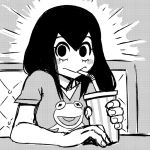  1girl :&gt; akairiot asui_tsuyu black_eyes black_hair blush boku_no_hero_academia breasts casual frog_girl jim_henson kermit_the_frog long_hair looking_at_viewer monochrome solo the_muppet_show tongue 