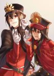  &gt;:o 1boy 1girl :o black_cape black_hair brother_and_sister cape cheek_pinching clenched_teeth demon_archer fate/grand_order fate_(series) gloves hair_between_eyes hat highres long_hair looking_at_another military military_hat military_uniform oda_nobukatsu_(fate/grand_order) peaked_cap pinching red_cape red_eyes siblings teeth uniform white_gloves wince yuu+1 