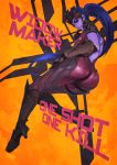  1girl absurdres ass blue_hair bodysuit character_name finger_to_mouth full_body gloves head_mounted_display highres long_hair looking_back mismatched_gloves monori_rogue nose overwatch pink_bodysuit ponytail purple_lips purple_skin solo very_long_hair weapon widowmaker_(overwatch) yellow_eyes 