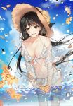  1girl black_hair blush breasts brown_eyes cleavage collarbone eyebrows_visible_through_hair flower hat large_breasts looking_at_viewer naru_(ul) navel original parted_lips smile solo sun_hat wading water_drop 