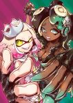  +_+ 2girls bare_shoulders black_gloves blonde_hair breasts brown_hair cephalos cleavage collared_vest crop_top cropped_vest crown dark_skin domino_mask dress fangs fingerless_gloves gloves gradient_hair green_eyes green_hair green_skin hand_holding hands_up headphones high_collar highres hime_(splatoon) iida_(splatoon) interlocked_fingers long_hair looking_at_viewer mask midriff mole mole_under_mouth multicolored multicolored_hair multicolored_skin multiple_girls navel_piercing octarian open_mouth pantyhose piercing pink_hair pink_pupils pose puppeteer7777 purple_hair short_dress short_hair shorts sleeveless sleeveless_dress smile sparkle splatoon splatoon_2 standing stomach striped striped_background striped_shorts teeth tentacle_hair unzipped upper_body vest yellow_eyes zipper zipper_pull_tab 