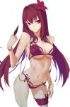  1girl bare_shoulders bikini bracelet breasts cleavage fate/grand_order fate_(series) highres hiko_(630090143) jewelry kunai large_breasts long_hair navel purple_bikini purple_hair red_eyes scathach_(fate/grand_order) scathach_(swimsuit_assassin)_(fate) simple_background solo swimsuit under_boob very_long_hair weapon white_background 